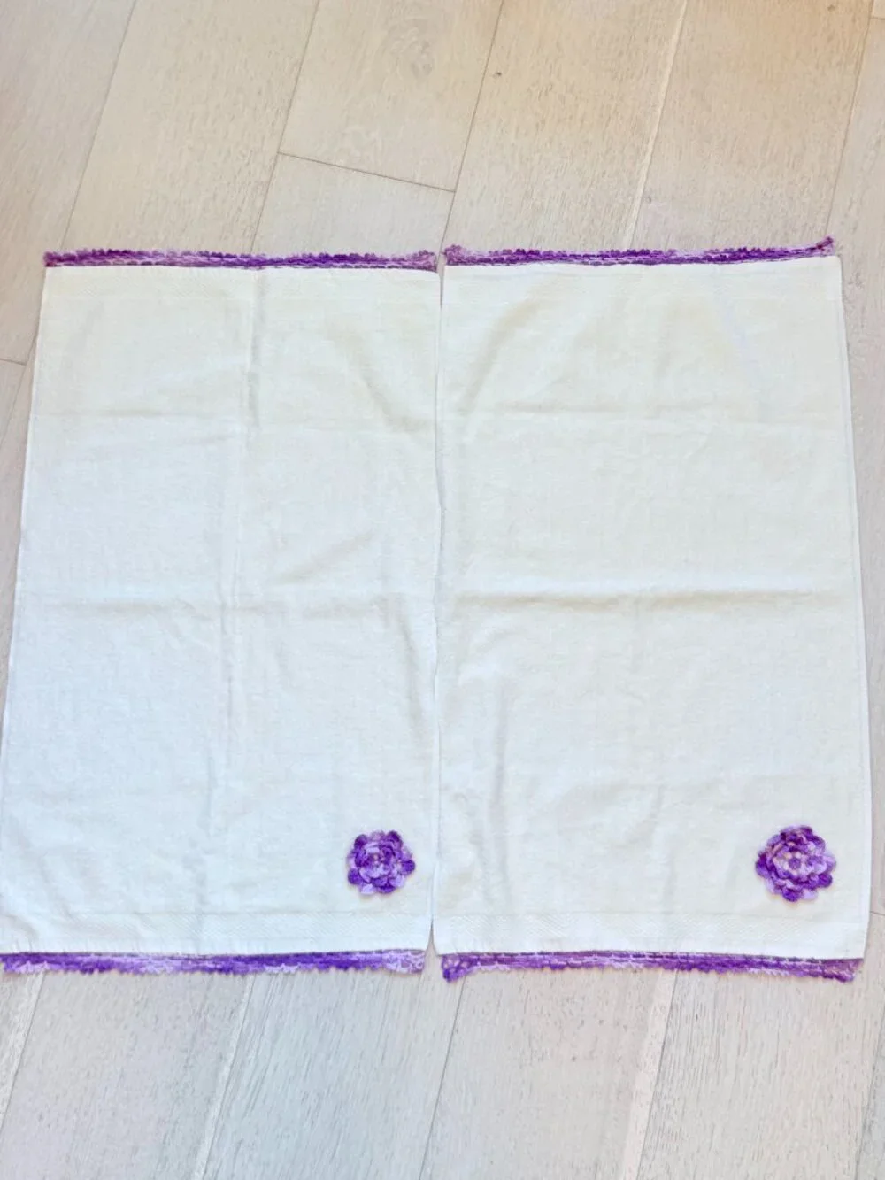 Vintage CottageTowel Sets Crochet Flowers Cream Purple Grandmacore